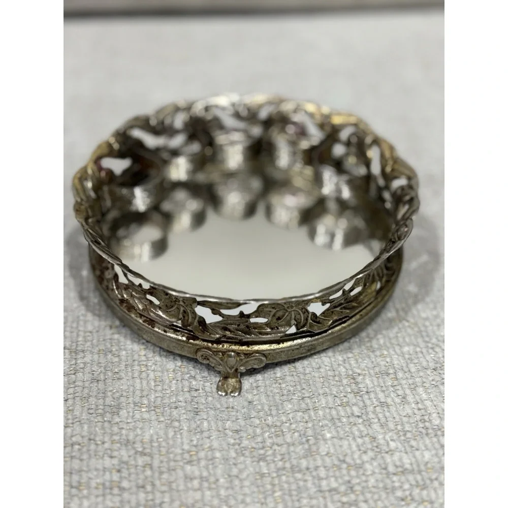 Vintage Filagree Footed Metal Mirror Lipstick Vanity Tray